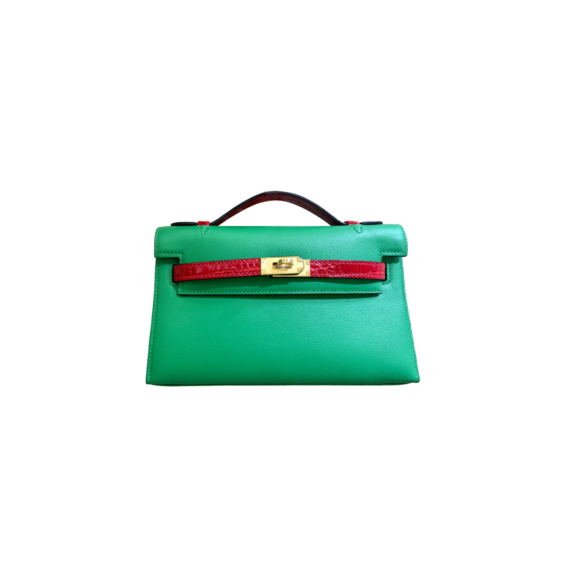 H**mes mini kelly swift bamboo green ferrari red crocodile skin (22*14*7cm)